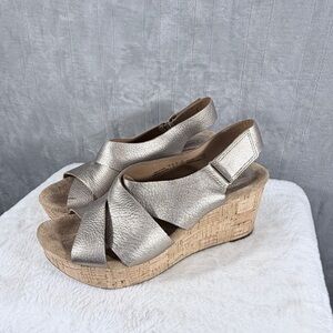 Clarks Artisan Metallic Leather Slingback Wedge Sandals Women’s 9.5 Cork Heel